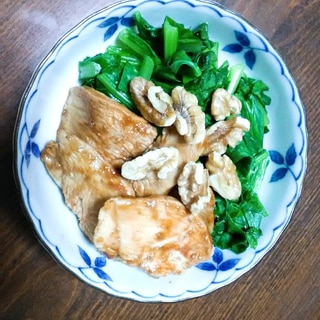 鶏肉とクルミと小松菜の一皿